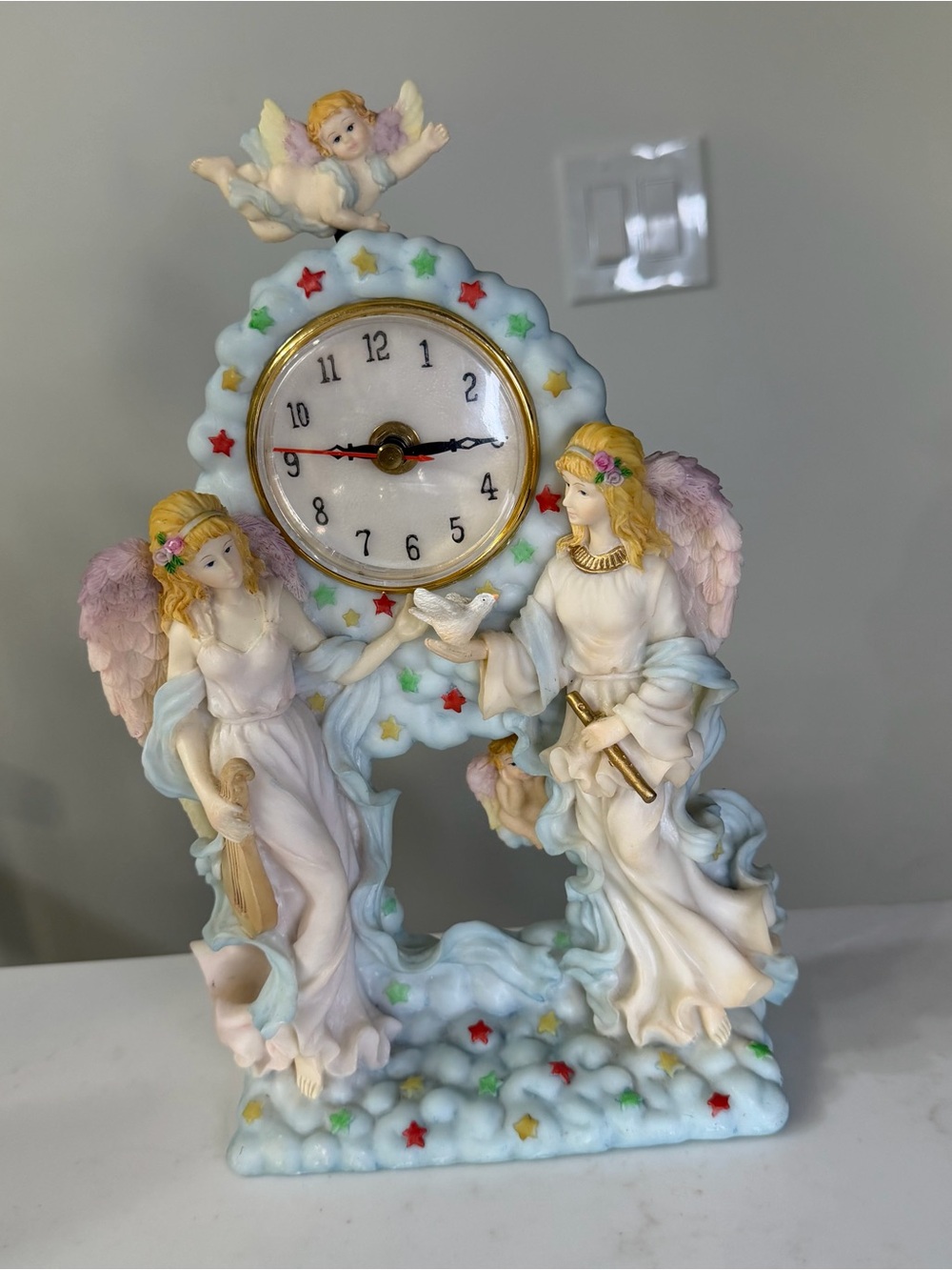 Vintage Angelic Ceramic like Mantel Clock - Pastel Multi-Color